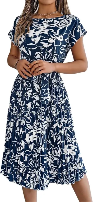 Women Floral Short Sleeve O-Neck Pleated Mini Dress with Sashes Casual Slim Fit Bohemian Dress