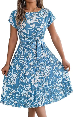 Women Floral Short Sleeve O-Neck Pleated Mini Dress with Sashes Casual Slim Fit Bohemian Dress