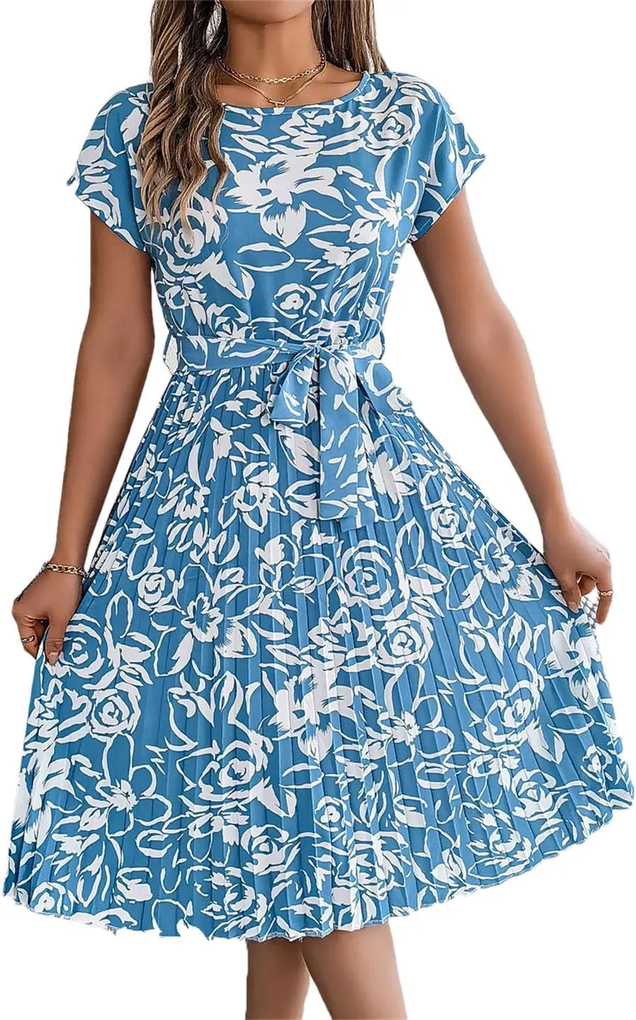 Women Floral Short Sleeve O-Neck Pleated Mini Dress with Sashes Casual Slim Fit Bohemian Dress
