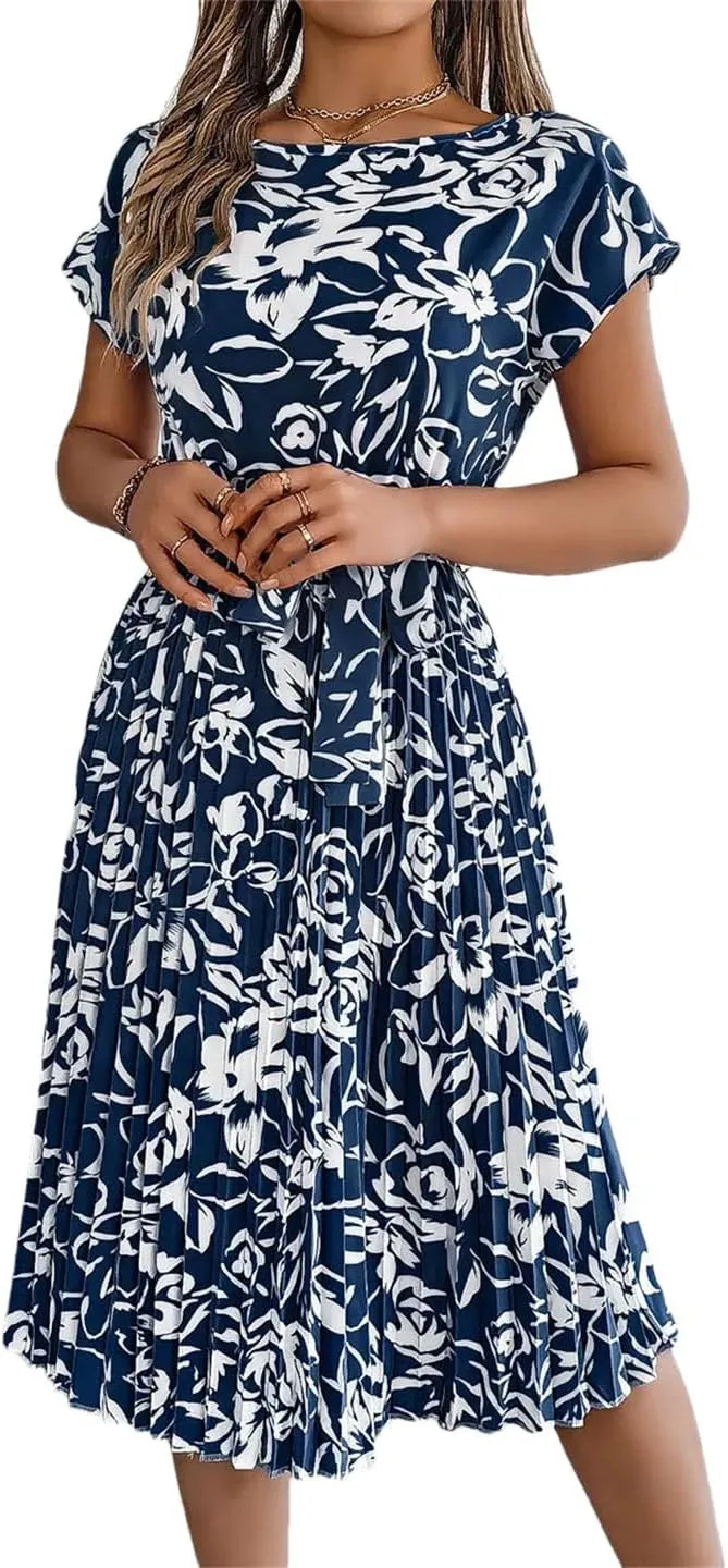 Women Floral Short Sleeve O-Neck Pleated Mini Dress with Sashes Casual Slim Fit Bohemian Dress