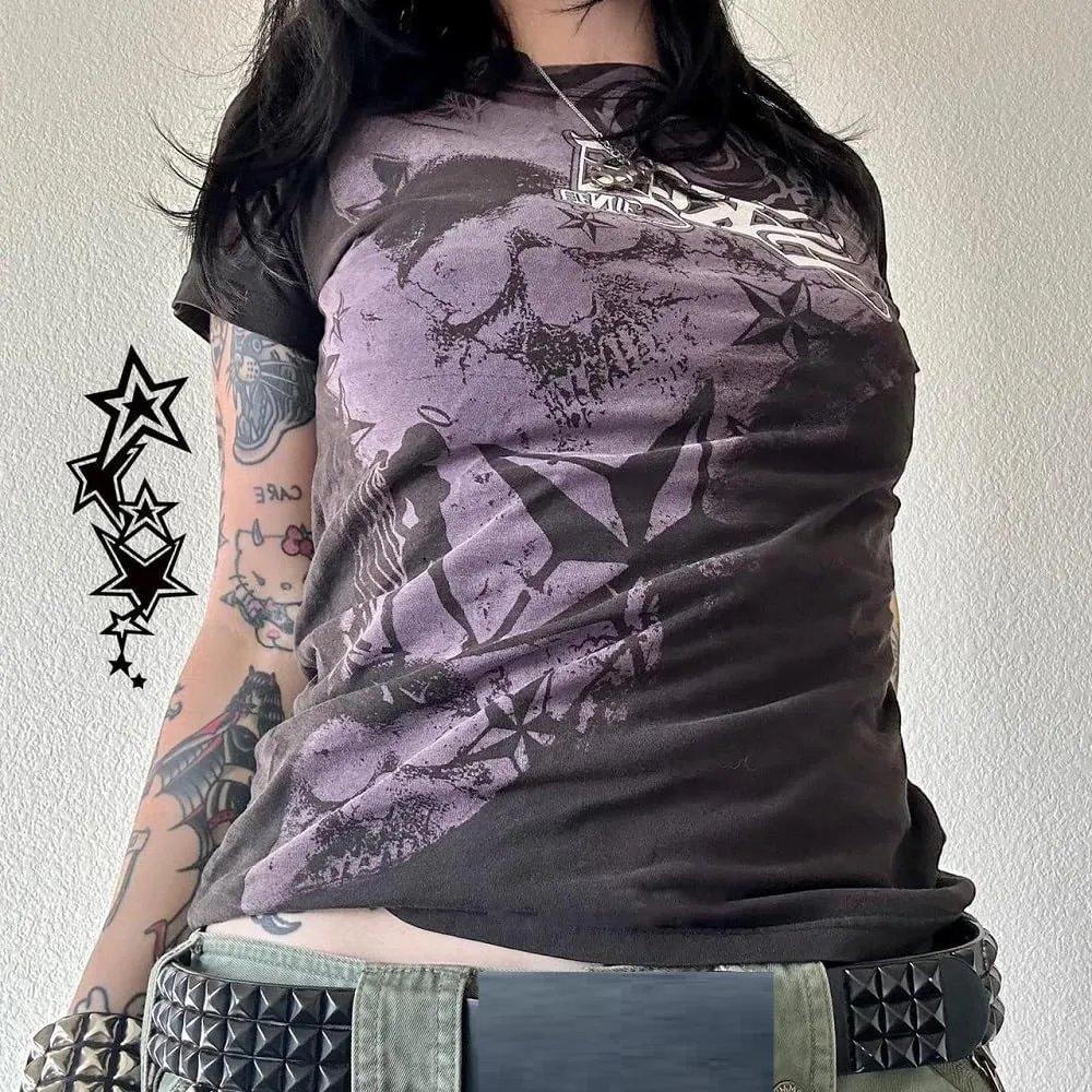 Women Grunge Graphic Short Sleeve Tees Y2k Gothic Crew Neck T Shirts Vintage Aesthetic Emo Top 90s E-Girls Clothes