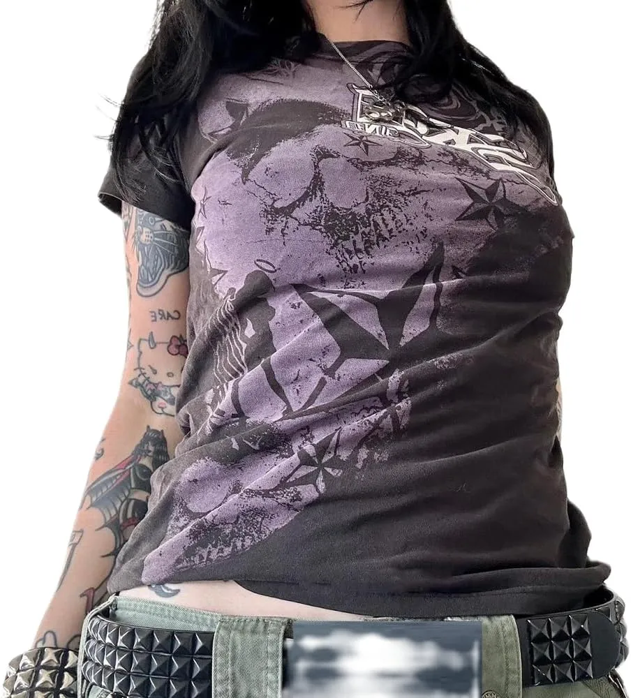 Women Grunge Graphic Short Sleeve Tees Y2k Gothic Crew Neck T Shirts Vintage Aesthetic Emo Top 90s E-Girls Clothes