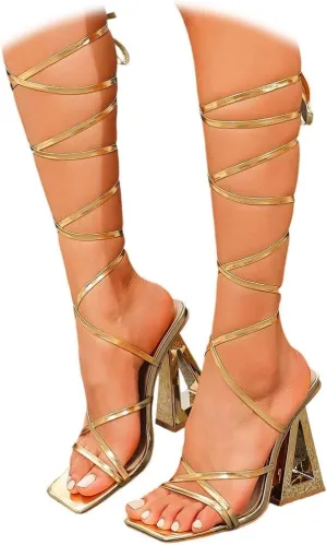Women Heeled Sandals Strappy Heels Square Open Toe Chunky Block Heels Ankle Strap Sandals Homecoming Wedding Dress Shoes