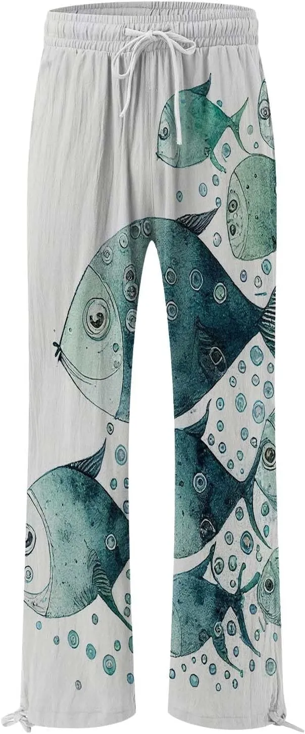 Women High Waisted Cotton Linen Palazzo Pants Dog Fish Graphic Wide Leg Long Japanese Pants Trousers with Pockets