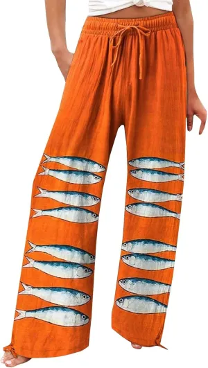 Women High Waisted Cotton Linen Palazzo Pants Dog Fish Graphic Wide Leg Long Japanese Pants Trousers with Pockets
