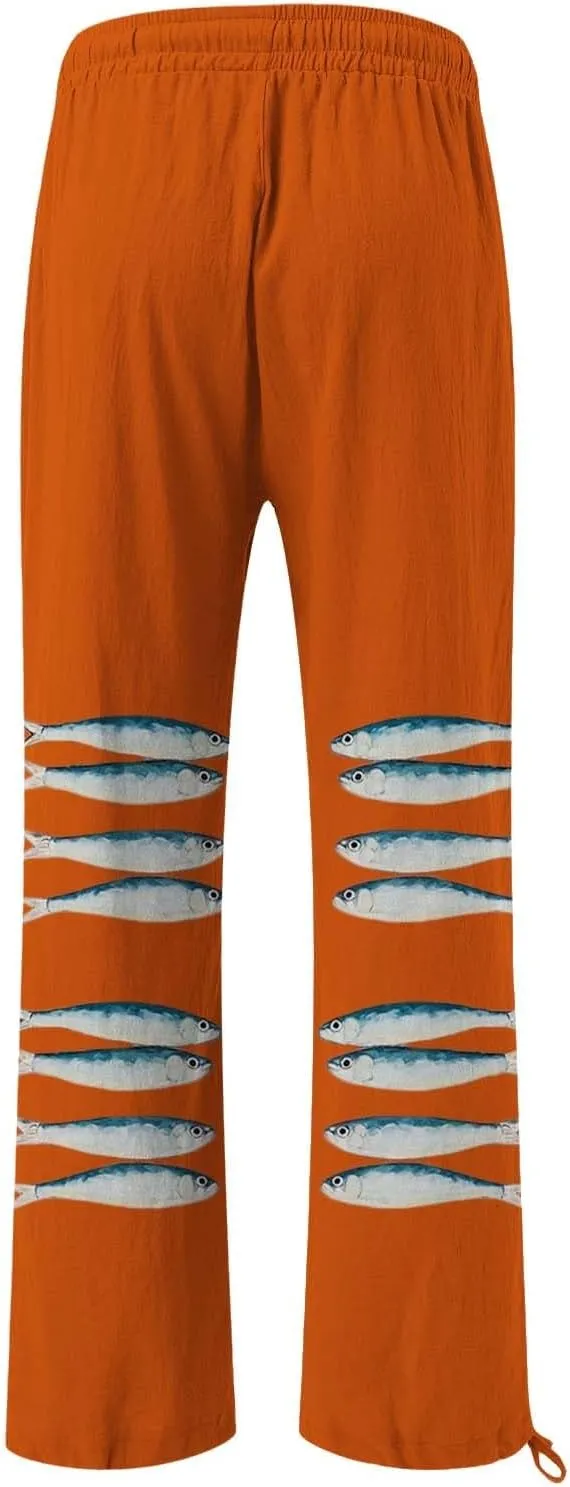 Women High Waisted Cotton Linen Palazzo Pants Dog Fish Graphic Wide Leg Long Japanese Pants Trousers with Pockets