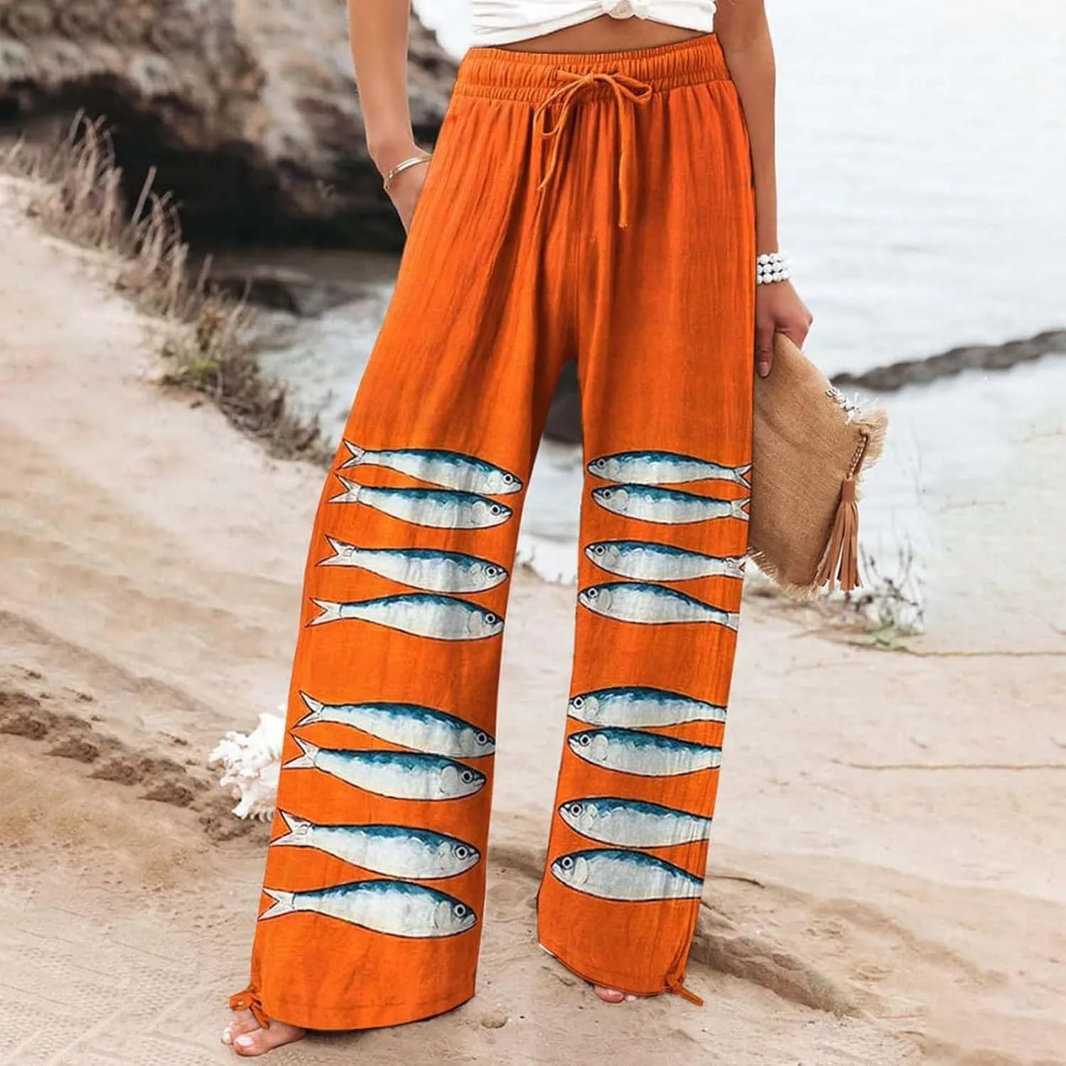 Women High Waisted Cotton Linen Palazzo Pants Dog Fish Graphic Wide Leg Long Japanese Pants Trousers with Pockets
