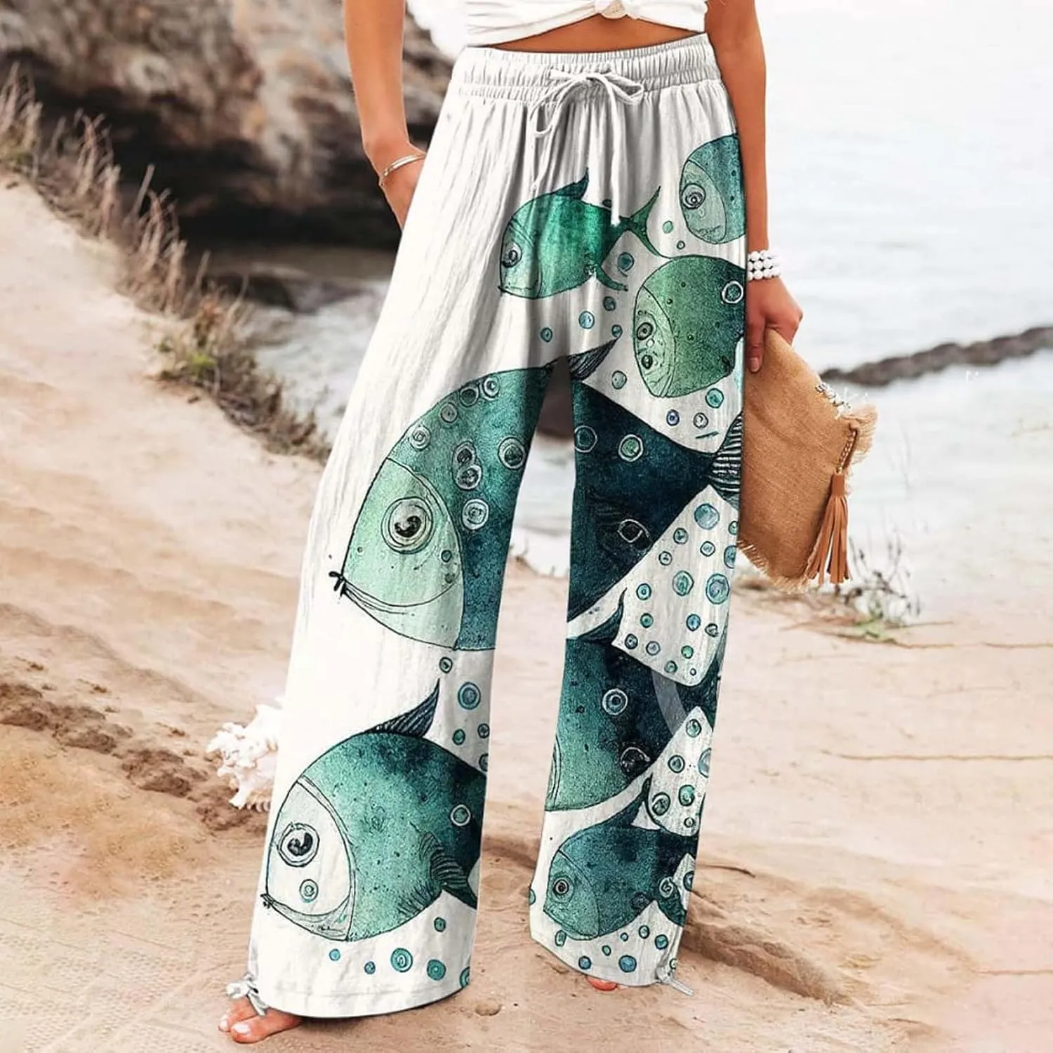 Women High Waisted Cotton Linen Palazzo Pants Dog Fish Graphic Wide Leg Long Japanese Pants Trousers with Pockets