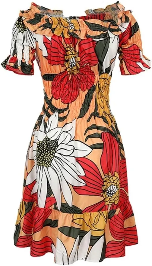 Women Off Shoulder Floral Print Ruffle Dresses Lace Up Pleated Mini A Line Dress