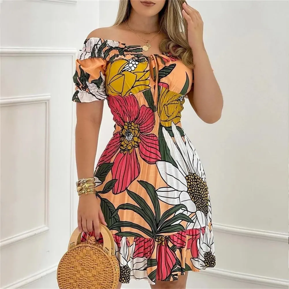 Women Off Shoulder Floral Print Ruffle Dresses Lace Up Pleated Mini A Line Dress