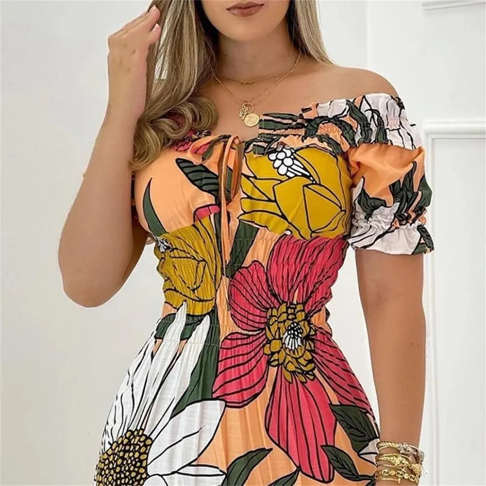 Women Off Shoulder Floral Print Ruffle Dresses Lace Up Pleated Mini A Line Dress