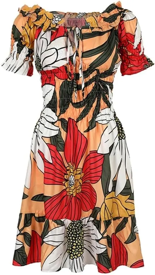 Women Off Shoulder Floral Print Ruffle Dresses Lace Up Pleated Mini A Line Dress