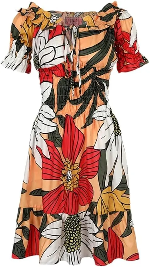 Women Off Shoulder Floral Print Ruffle Dresses Lace Up Pleated Mini A Line Dress