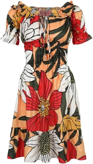 Women Off Shoulder Floral Print Ruffle Dresses Lace Up Pleated Mini A Line Dress