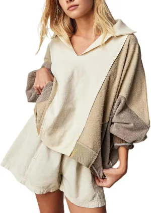Women Oversized Sweatshirt V-Neck Fleece Sweatshirts Y2k Patchwork Pullovers Colorblock Hoodies Fall Outfits