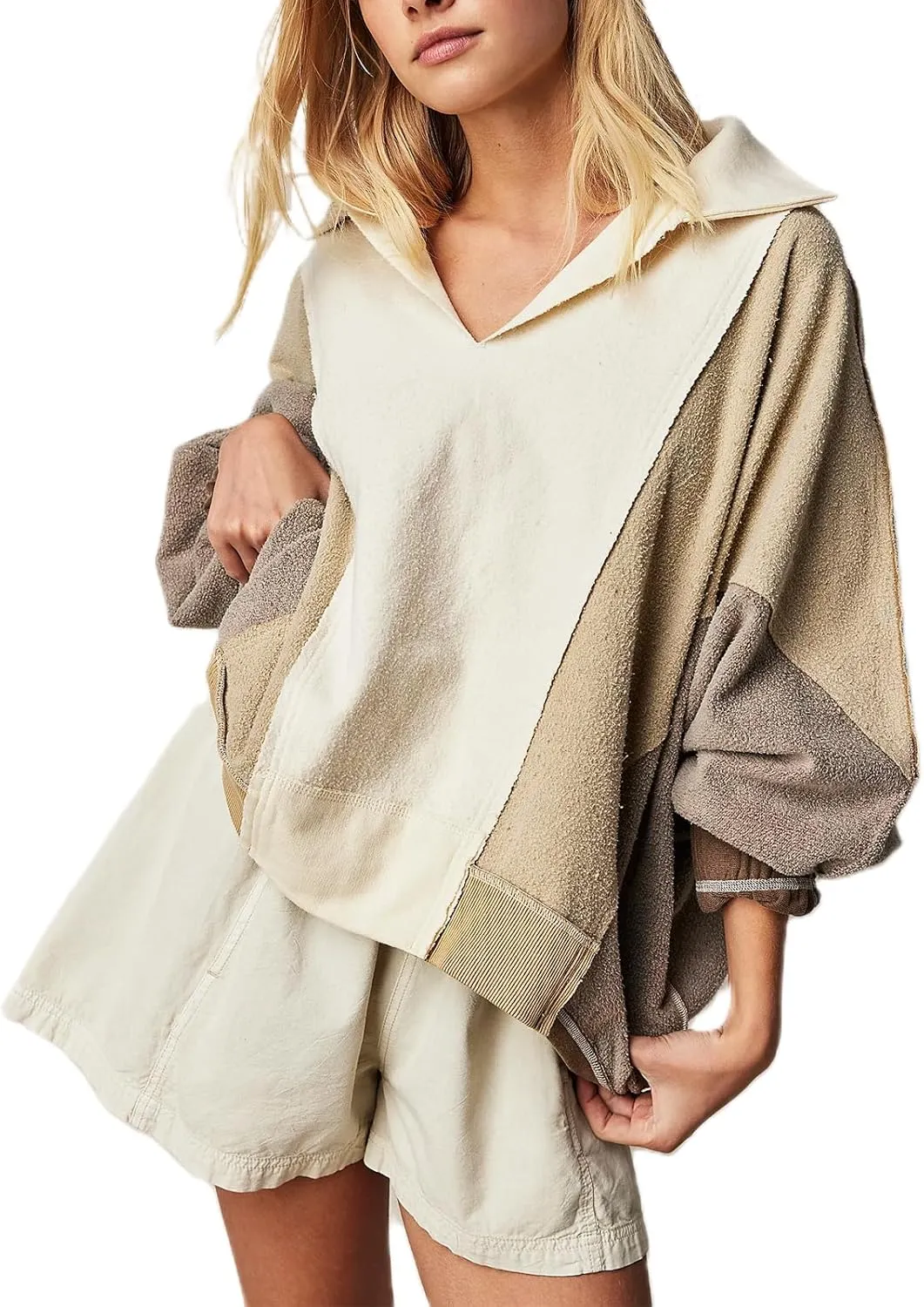 Women Oversized Sweatshirt V-Neck Fleece Sweatshirts Y2k Patchwork Pullovers Colorblock Hoodies Fall Outfits
