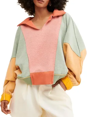 Women Oversized Sweatshirt V-Neck Fleece Sweatshirts Y2k Patchwork Pullovers Colorblock Hoodies Fall Outfits