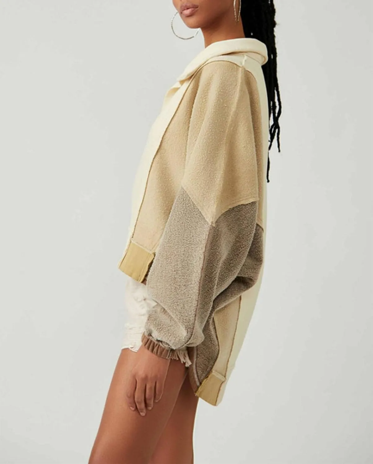 Women Oversized Sweatshirt V-Neck Fleece Sweatshirts Y2k Patchwork Pullovers Colorblock Hoodies Fall Outfits