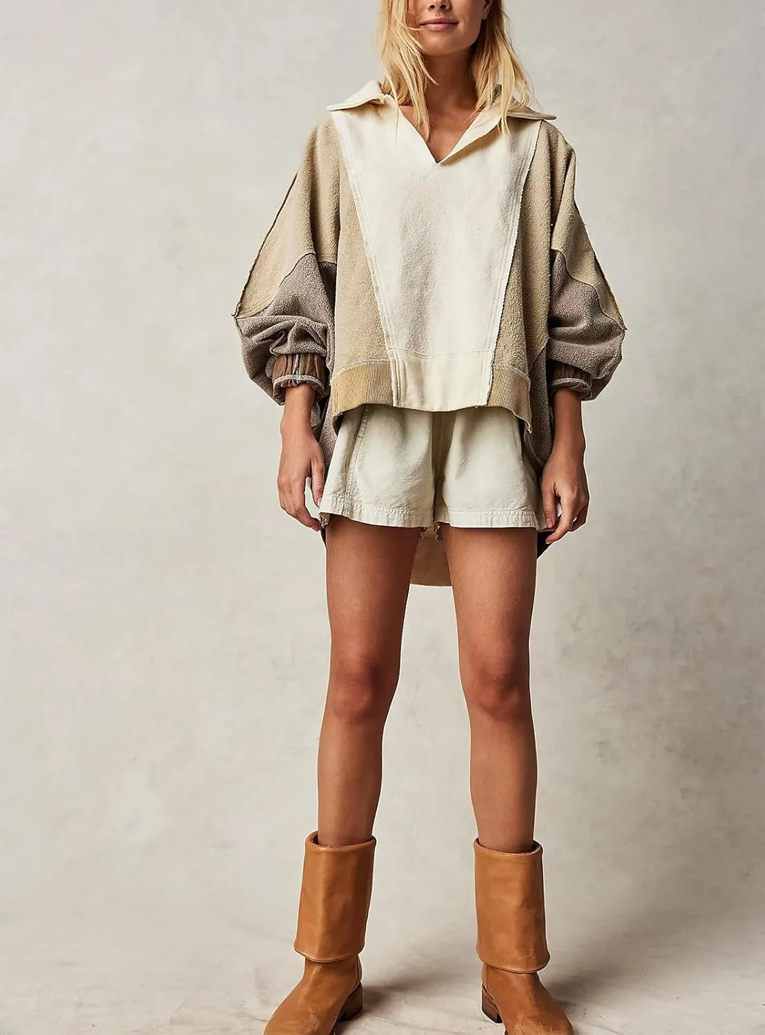 Women Oversized Sweatshirt V-Neck Fleece Sweatshirts Y2k Patchwork Pullovers Colorblock Hoodies Fall Outfits