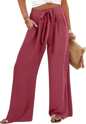 Women Pants Casual Trendy Elastic Waist Drawstring Sumemr Pant High Waisted Straight Wide Leg with Pockets Trousers