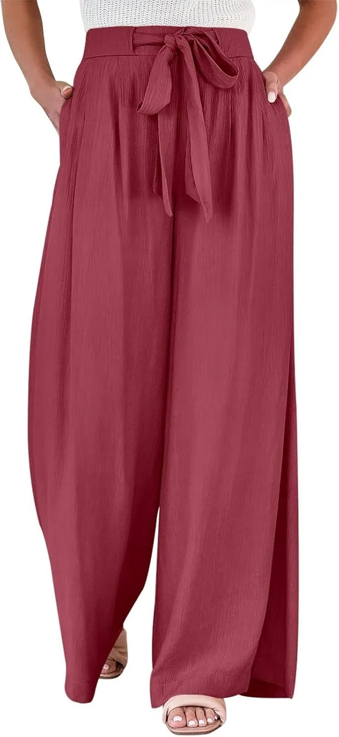 Women Pants Casual Trendy Elastic Waist Drawstring Sumemr Pant High Waisted Straight Wide Leg with Pockets Trousers