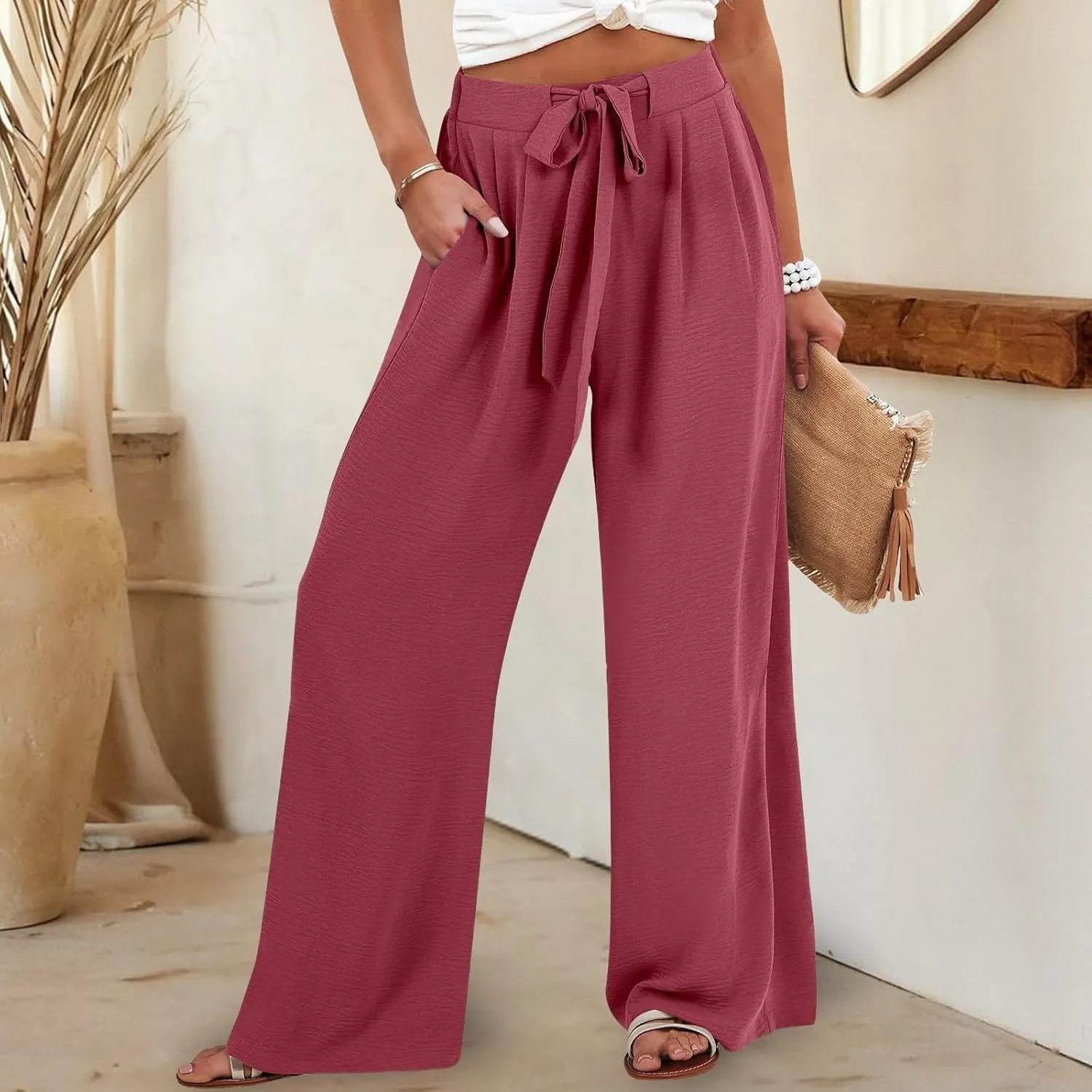 Women Pants Casual Trendy Elastic Waist Drawstring Sumemr Pant High Waisted Straight Wide Leg with Pockets Trousers