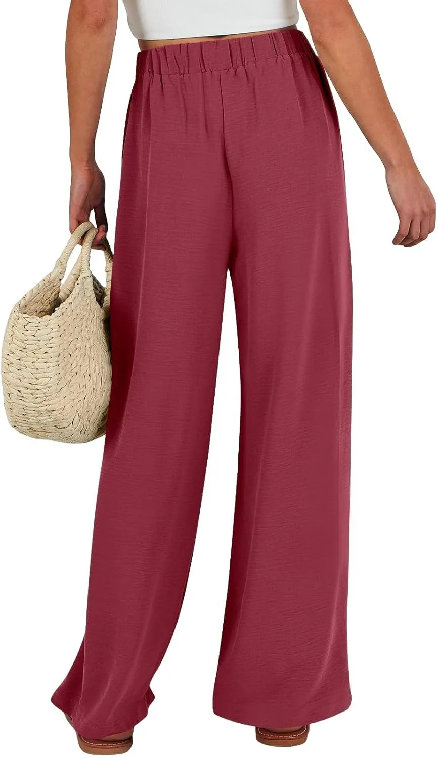 Women Pants Casual Trendy Elastic Waist Drawstring Sumemr Pant High Waisted Straight Wide Leg with Pockets Trousers