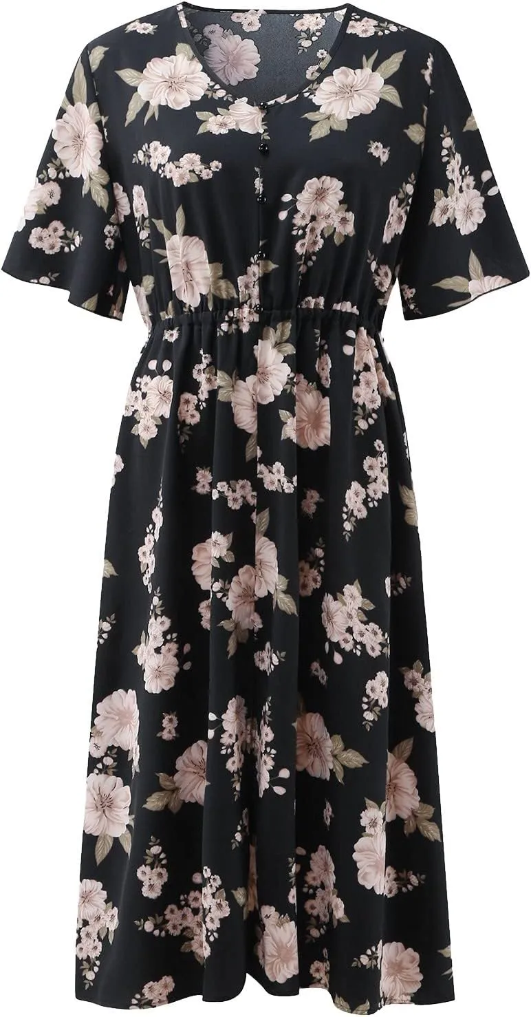 Women Plus Size Midi Long Dress Bohemian Floral Print Short Sleeve V Neck Elegant Wedding Guest Holiday Party Dresses