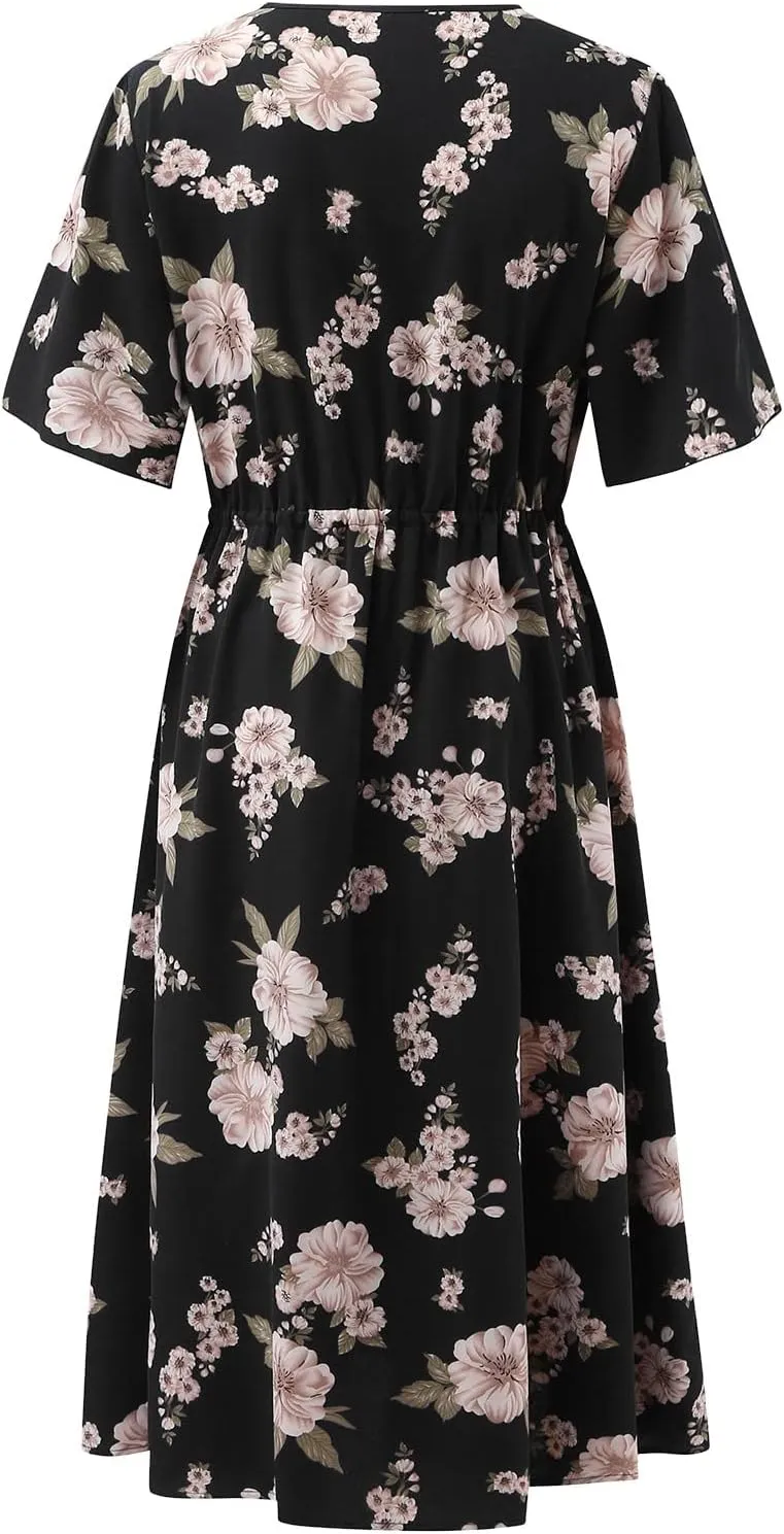 Women Plus Size Midi Long Dress Bohemian Floral Print Short Sleeve V Neck Elegant Wedding Guest Holiday Party Dresses