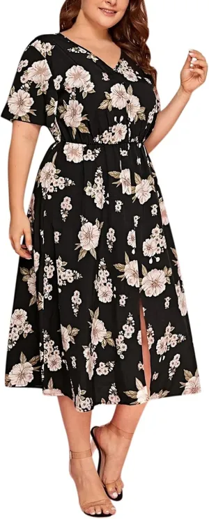 Women Plus Size Midi Long Dress Bohemian Floral Print Short Sleeve V Neck Elegant Wedding Guest Holiday Party Dresses