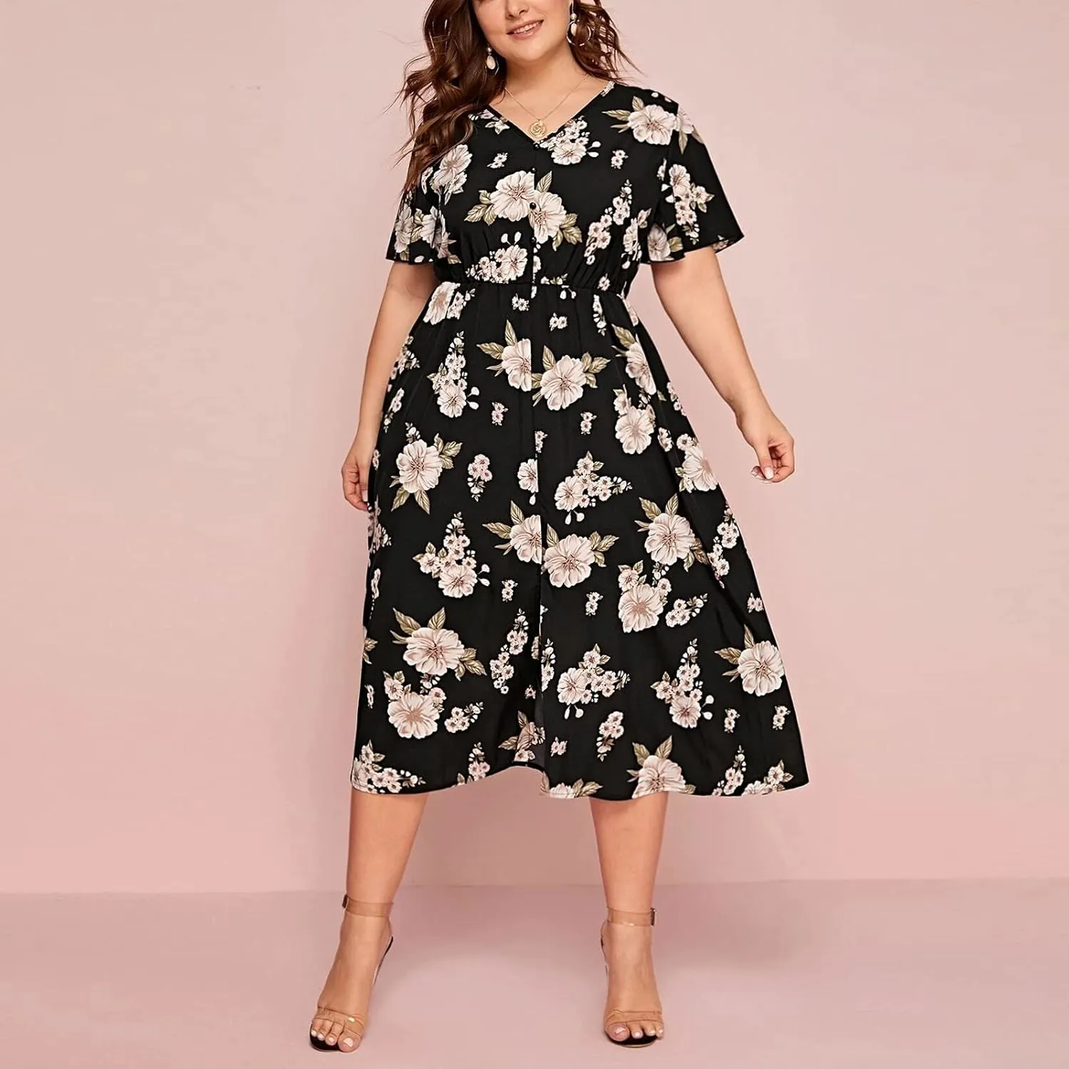 Women Plus Size Midi Long Dress Bohemian Floral Print Short Sleeve V Neck Elegant Wedding Guest Holiday Party Dresses