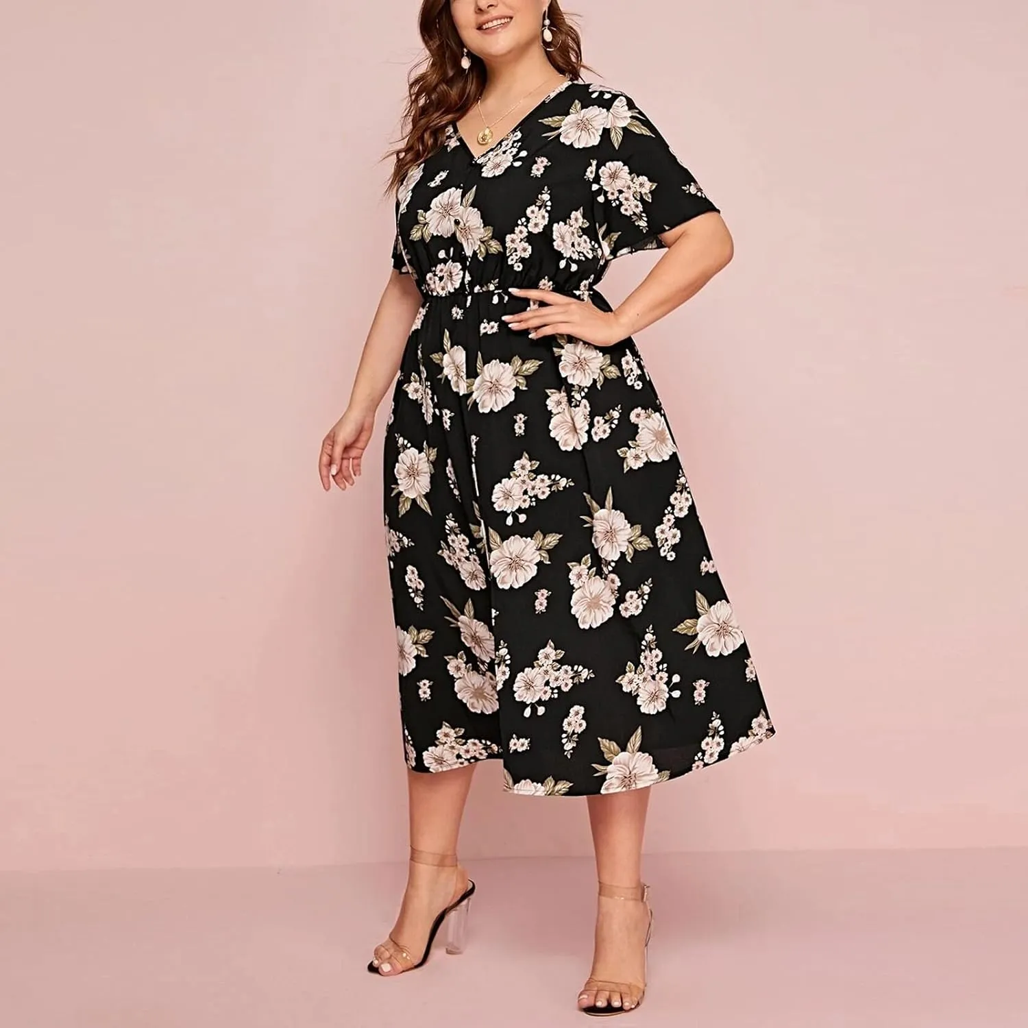 Women Plus Size Midi Long Dress Bohemian Floral Print Short Sleeve V Neck Elegant Wedding Guest Holiday Party Dresses