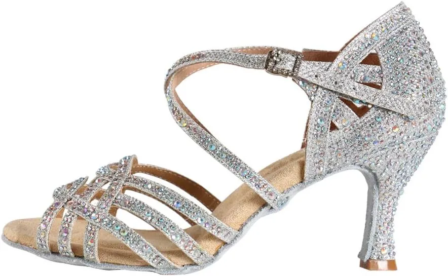 Women Professional Latin Rhinestone Dance Shoes Open Toe Salsa Chacha Ballroom Dance Heels Cross Strap,Model-L357