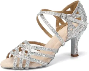 Women Professional Latin Rhinestone Dance Shoes Open Toe Salsa Chacha Ballroom Dance Heels Cross Strap,Model-L357