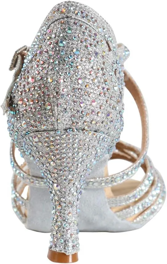 Women Professional Latin Rhinestone Dance Shoes Open Toe Salsa Chacha Ballroom Dance Heels Cross Strap,Model-L357