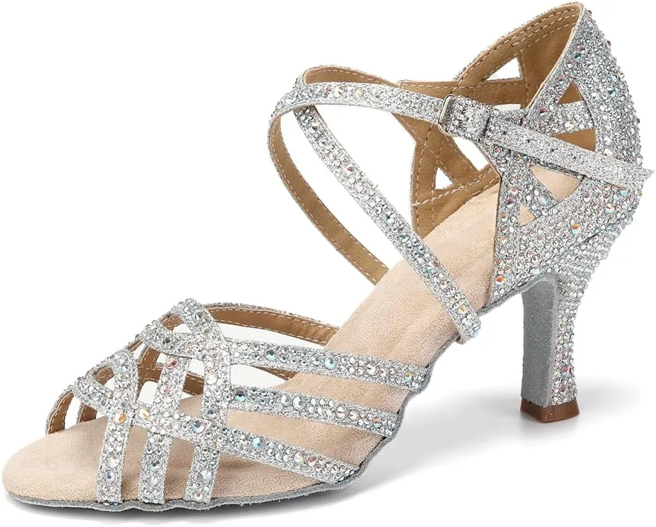 Women Professional Latin Rhinestone Dance Shoes Open Toe Salsa Chacha Ballroom Dance Heels Cross Strap,Model-L357