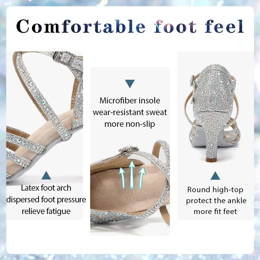 Women Professional Latin Rhinestone Dance Shoes Open Toe Salsa Chacha Ballroom Dance Heels Cross Strap,Model-L357
