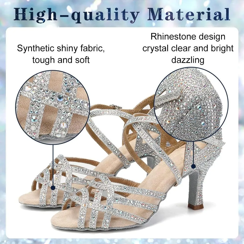 Women Professional Latin Rhinestone Dance Shoes Open Toe Salsa Chacha Ballroom Dance Heels Cross Strap,Model-L357