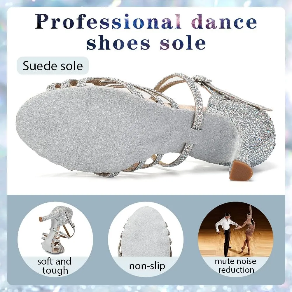 Women Professional Latin Rhinestone Dance Shoes Open Toe Salsa Chacha Ballroom Dance Heels Cross Strap,Model-L357