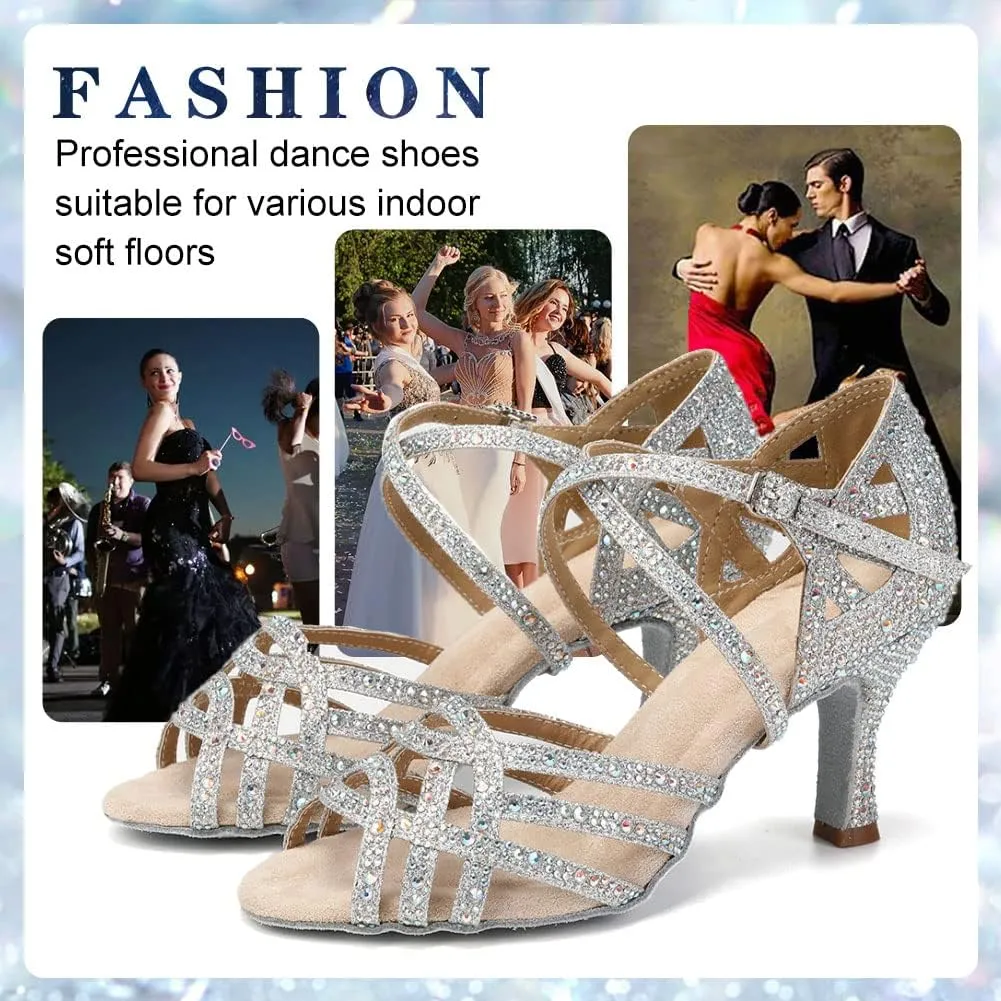 Women Professional Latin Rhinestone Dance Shoes Open Toe Salsa Chacha Ballroom Dance Heels Cross Strap,Model-L357