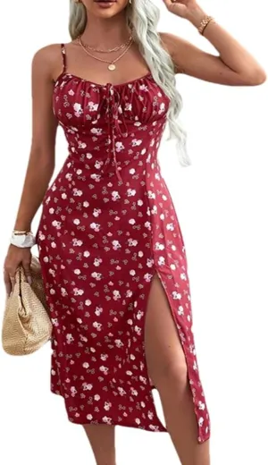 Women Sexy Floral Print Spaghetti Strap Sleeveless Mini Dress High Slit Sheath Club Party Dress
