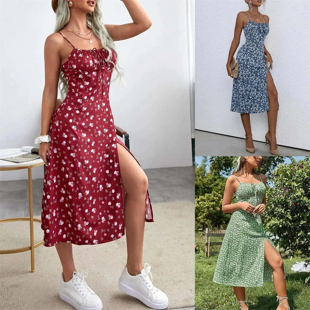 Women Sexy Floral Print Spaghetti Strap Sleeveless Mini Dress High Slit Sheath Club Party Dress