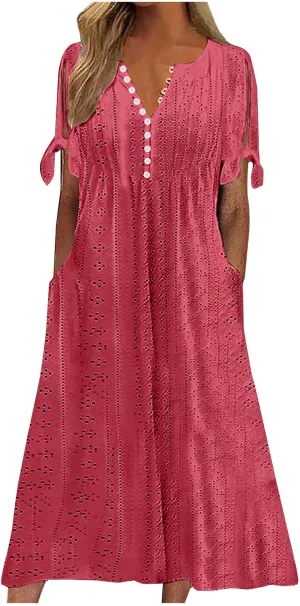 Women Short Sleeve Beach Midi Dresses Lightweight Eyelet Sundress Comfortable Trendy Clothes with Pockets