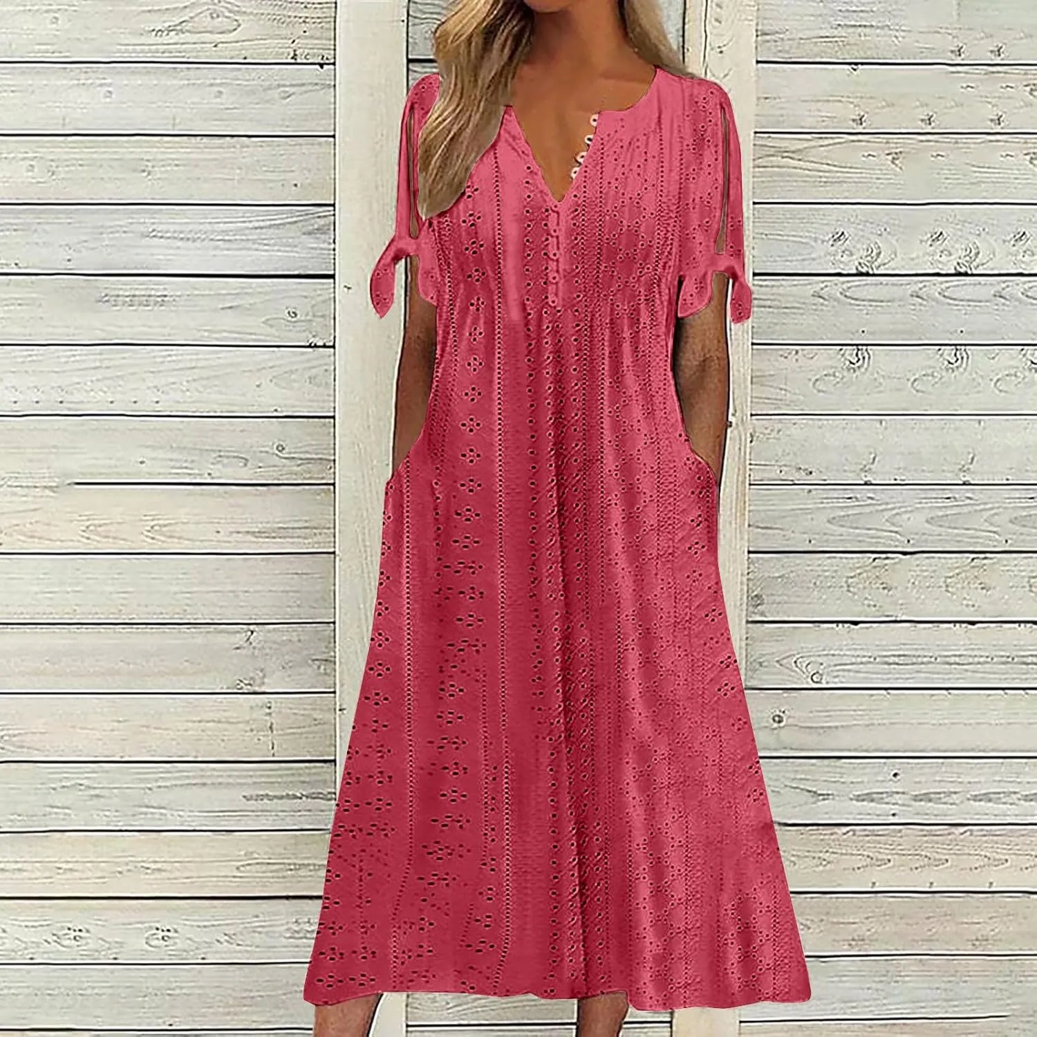 Women Short Sleeve Beach Midi Dresses Lightweight Eyelet Sundress Comfortable Trendy Clothes with Pockets
