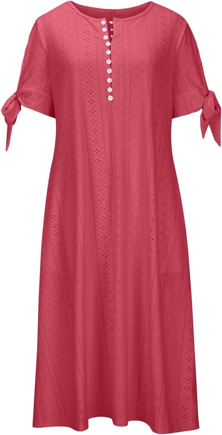 Women Short Sleeve Beach Midi Dresses Lightweight Eyelet Sundress Comfortable Trendy Clothes with Pockets