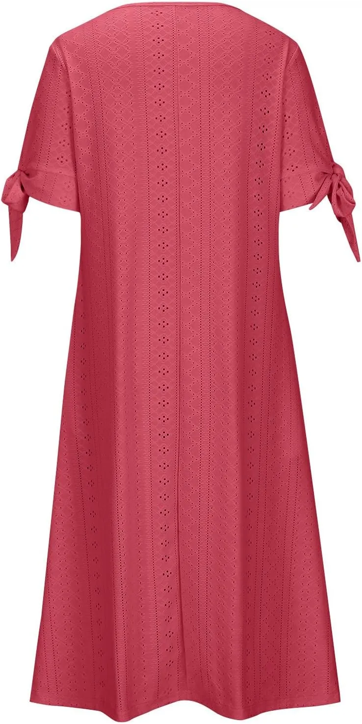 Women Short Sleeve Beach Midi Dresses Lightweight Eyelet Sundress Comfortable Trendy Clothes with Pockets