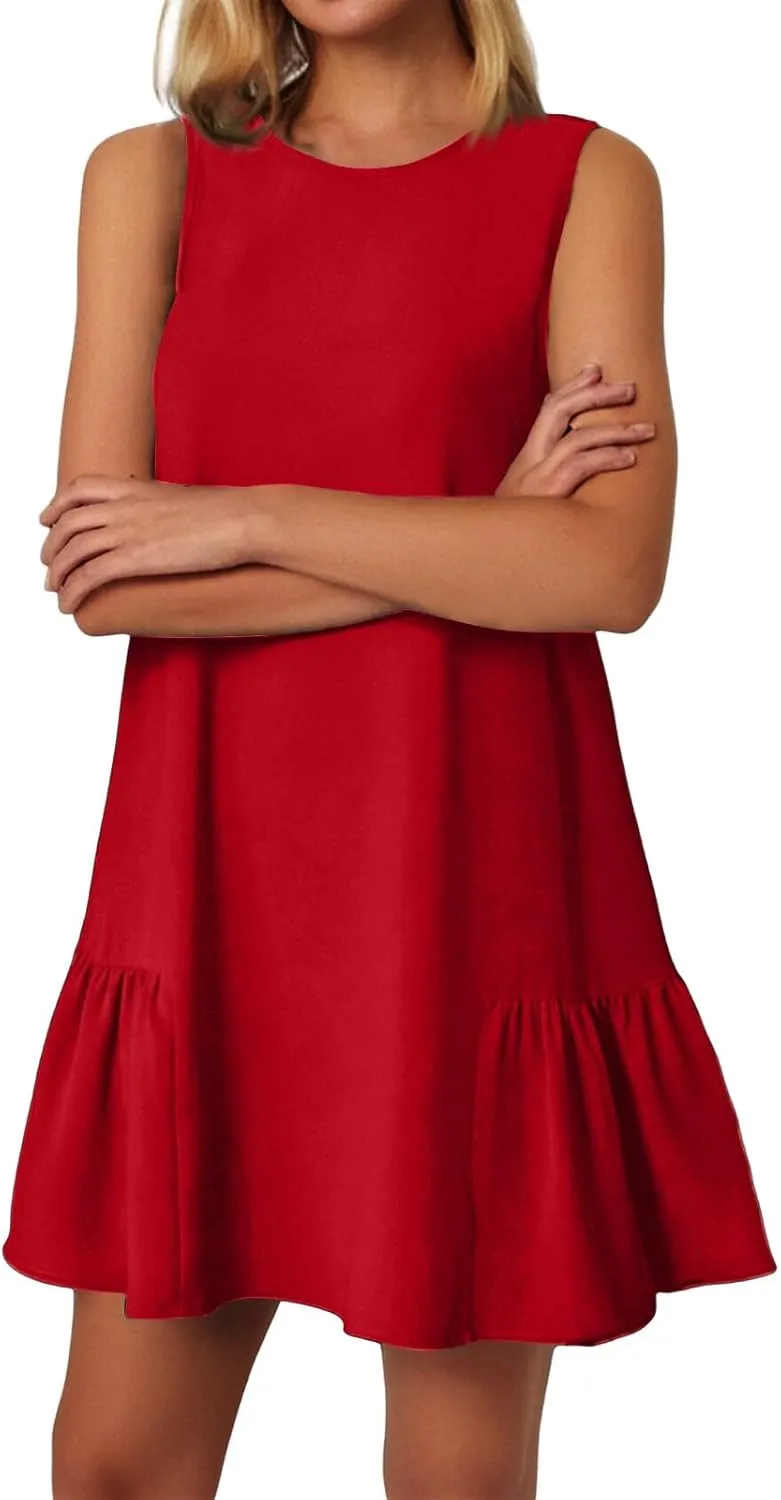 Women Summer Dress Solid Color Casual Sleeveless Tank Dresses Ruffle Hem Crewneck Loose Mini Dress