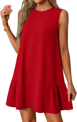 Women Summer Dress Solid Color Casual Sleeveless Tank Dresses Ruffle Hem Crewneck Loose Mini Dress