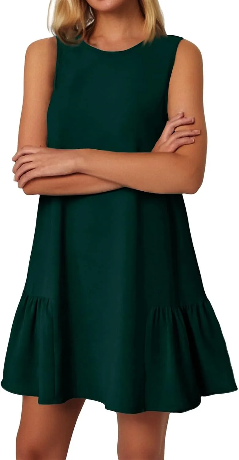 Women Summer Dress Solid Color Casual Sleeveless Tank Dresses Ruffle Hem Crewneck Loose Mini Dress