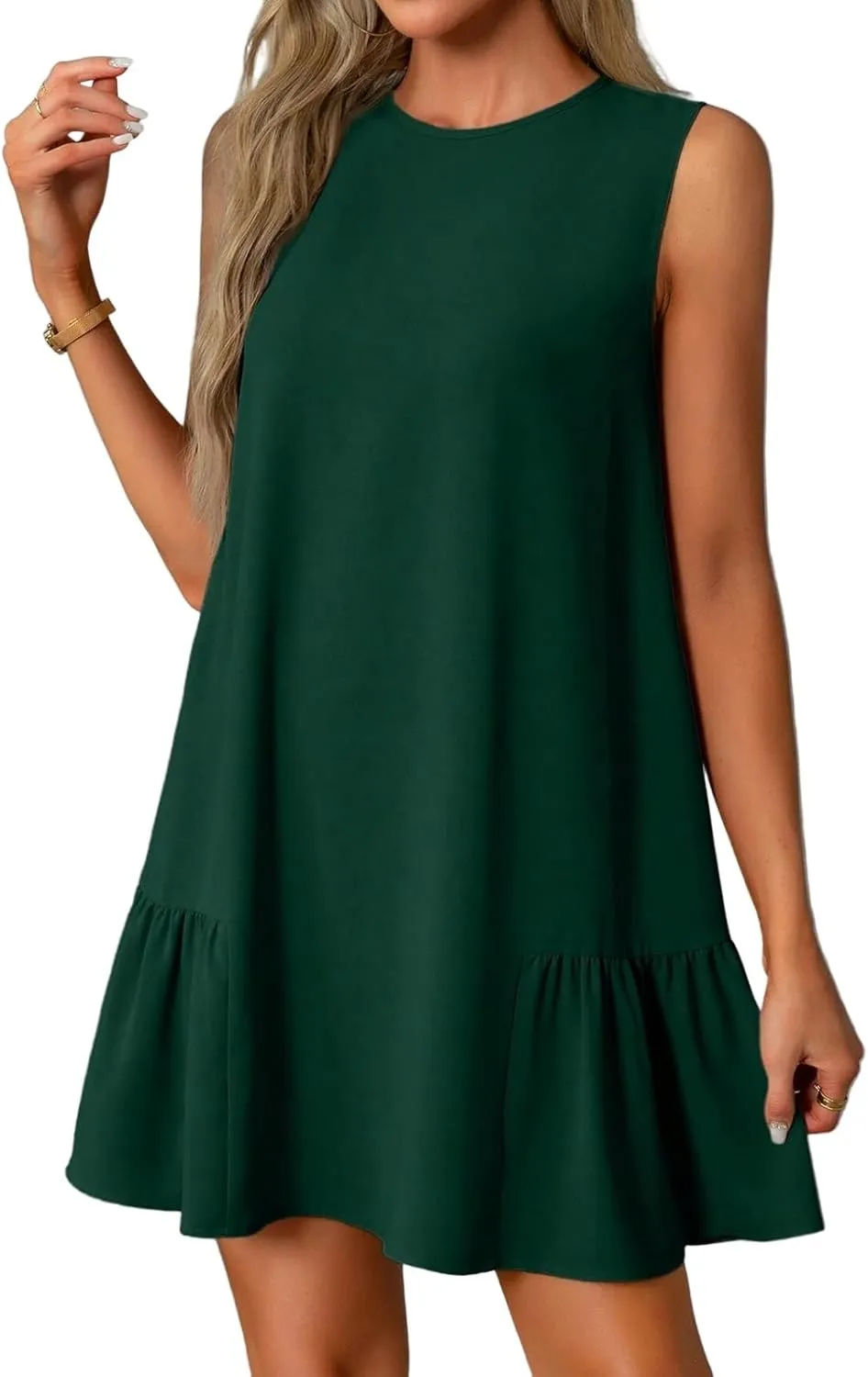Women Summer Dress Solid Color Casual Sleeveless Tank Dresses Ruffle Hem Crewneck Loose Mini Dress